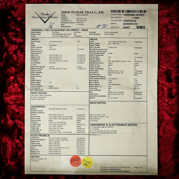 Fender Custom Shop Limited Edition '54 Stratocaster w/ Gold Hardware Journeyman/ Closet Classic Hardware- Aged Aztec Gold 2025 (LXX0256)