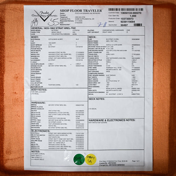 Fender Custom Shop Limited Edition 1962 Stratocaster w/ Handwound 60/63 Pickups, Heavy Relic- Tahitian Coral 2025 (CZ585908)