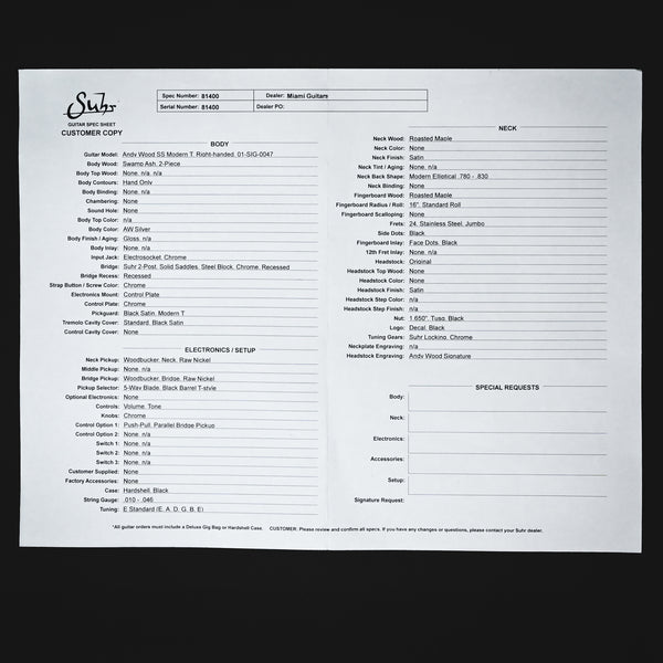 Suhr Andy Wood Signature Series Modern T HH Electric Guitar - AW Silver (81400)