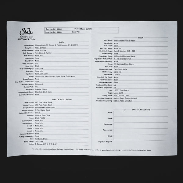 Suhr Mateus Asato Signature Series Classic S Electric Guitar- Black 2025 (86888)