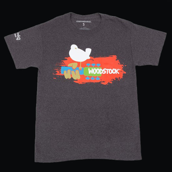 Woodstock Charcoal T-Shirt w/ Orange Paint Streak, White Dove, and Blue Guitar